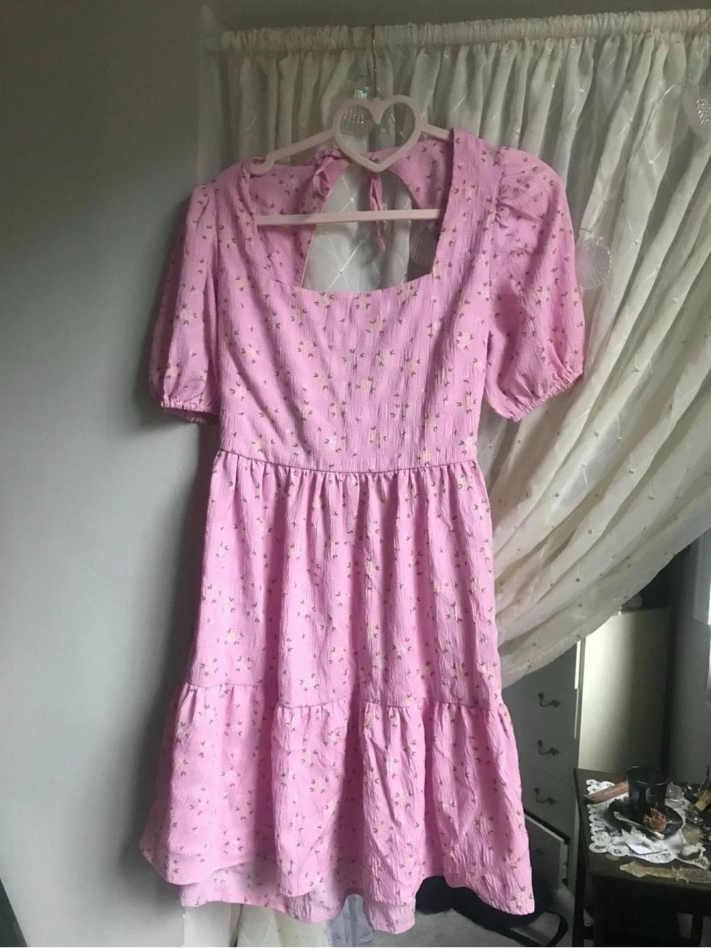 Girls' Pink Floral Tie-Back Tiered Day Dress